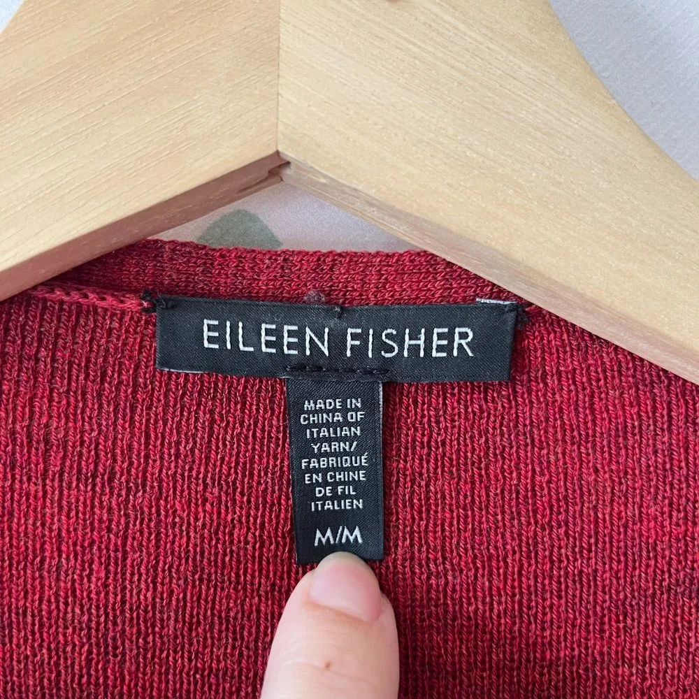 Eileen Fisher Sweater Size Medium Cardigan Red Wool Open Front Ribbed Draped - Picture 5 of 10